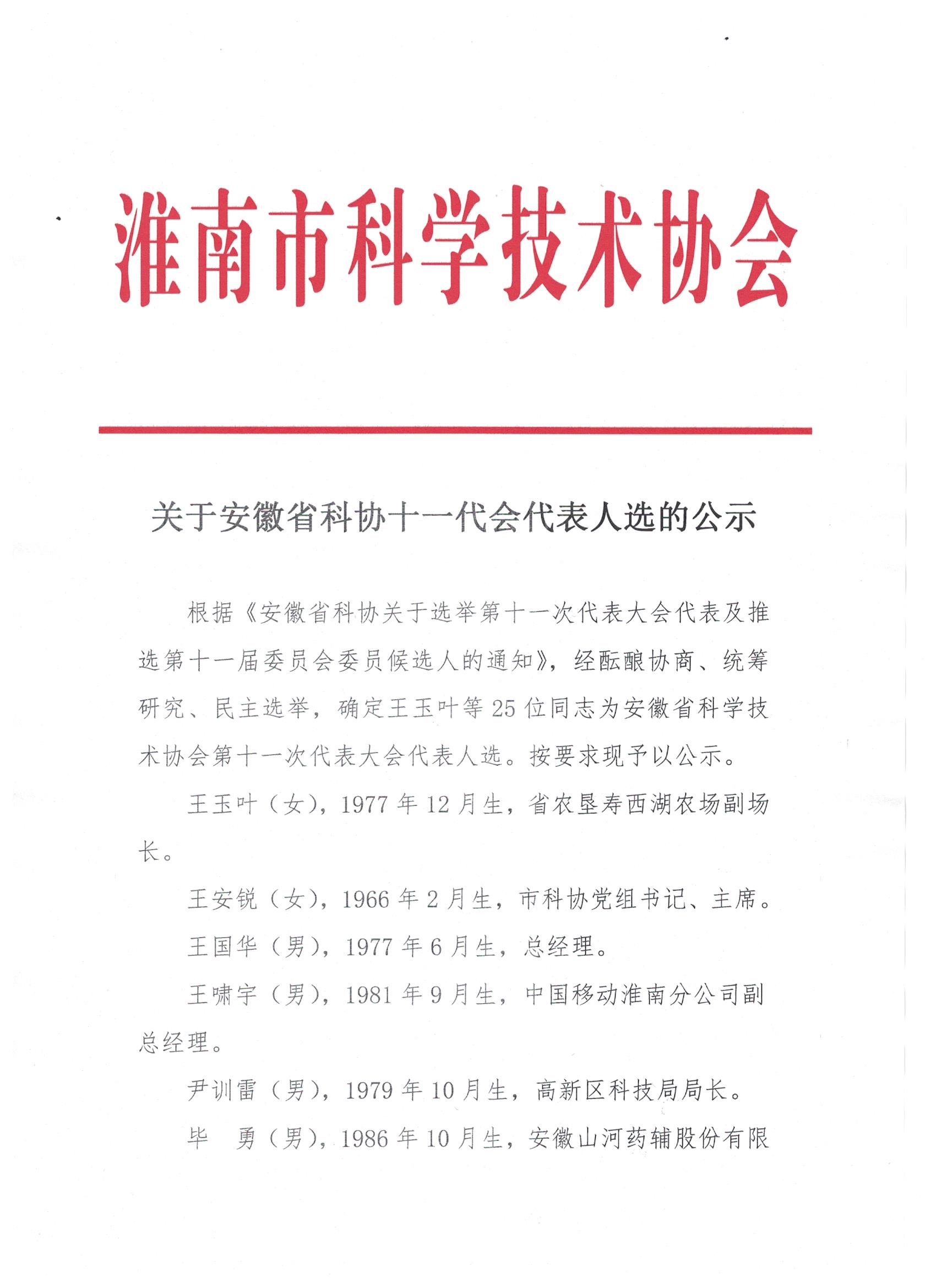 关于安徽省科协十一代会代表人选的公示